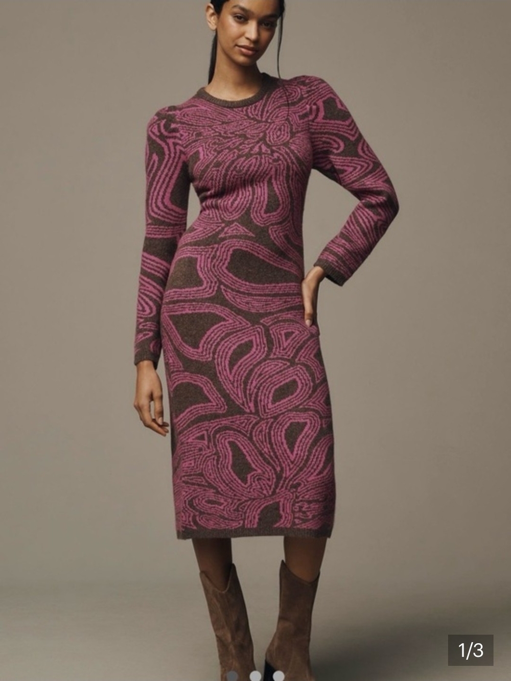 FARM Rio Pink and Brown Patterned Midi Knit Dress - Size XL